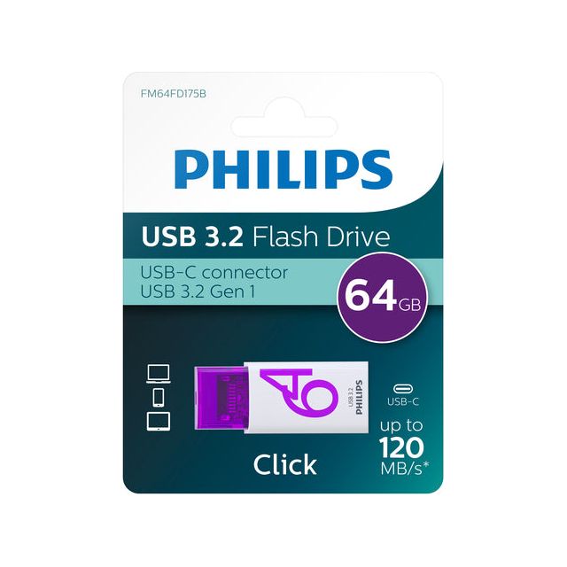 Philips - usb 64gb usb-c click magic purple