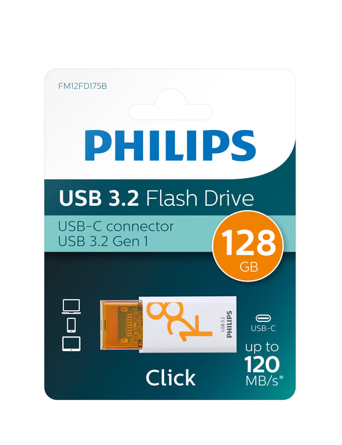 Philips - Memoria USB Click USB-C 128GB rise Naranja