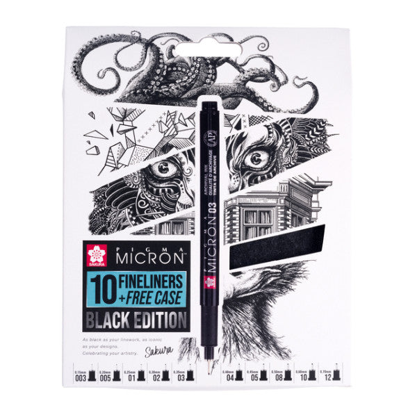 Sakura – Fineliner Pigma Micron Black Edition Set mit 10 Breiten + gratis Beutel
