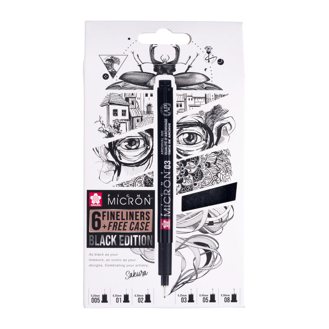Sakura -  Fineliner Pigma Micron Black Edition set à 6 breedtes + gratis etui