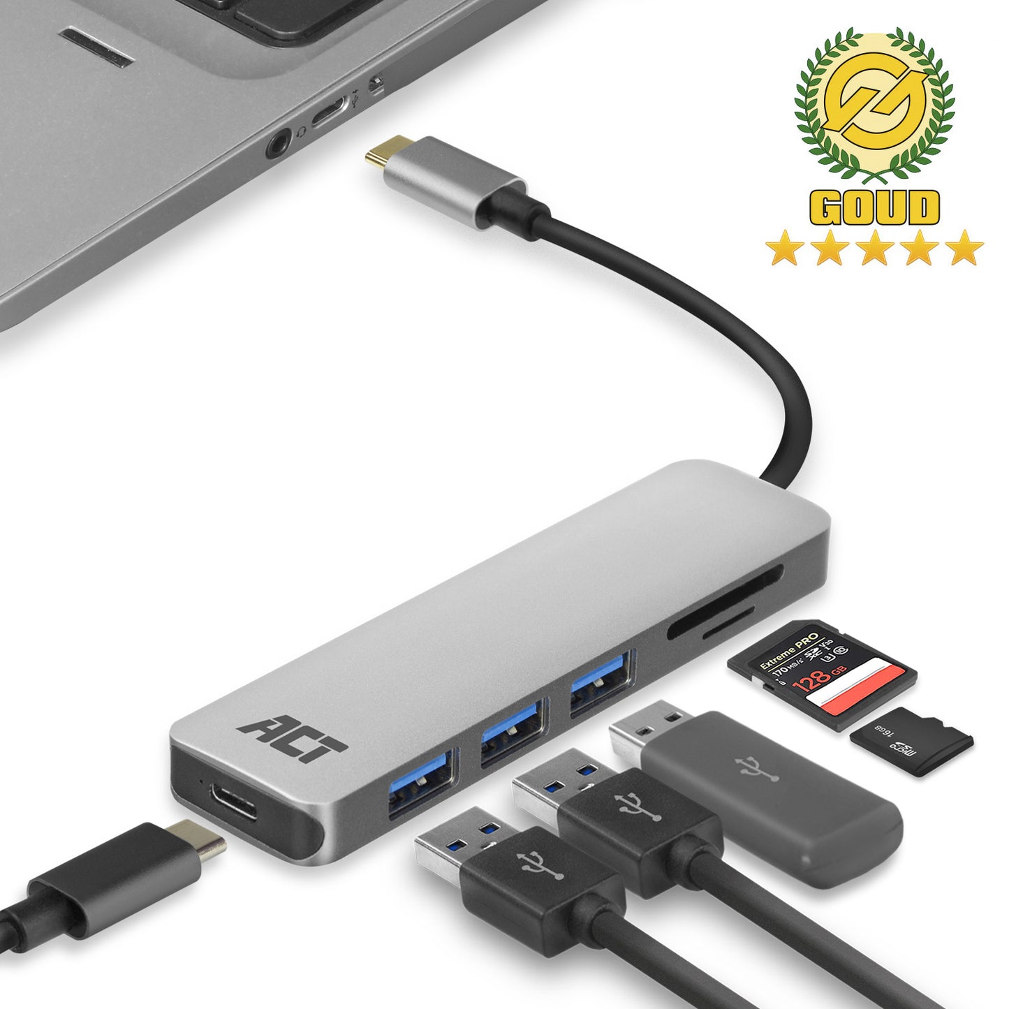 ACT - Hub USB-C 3.0, 3x USB-A card reader PD p-through