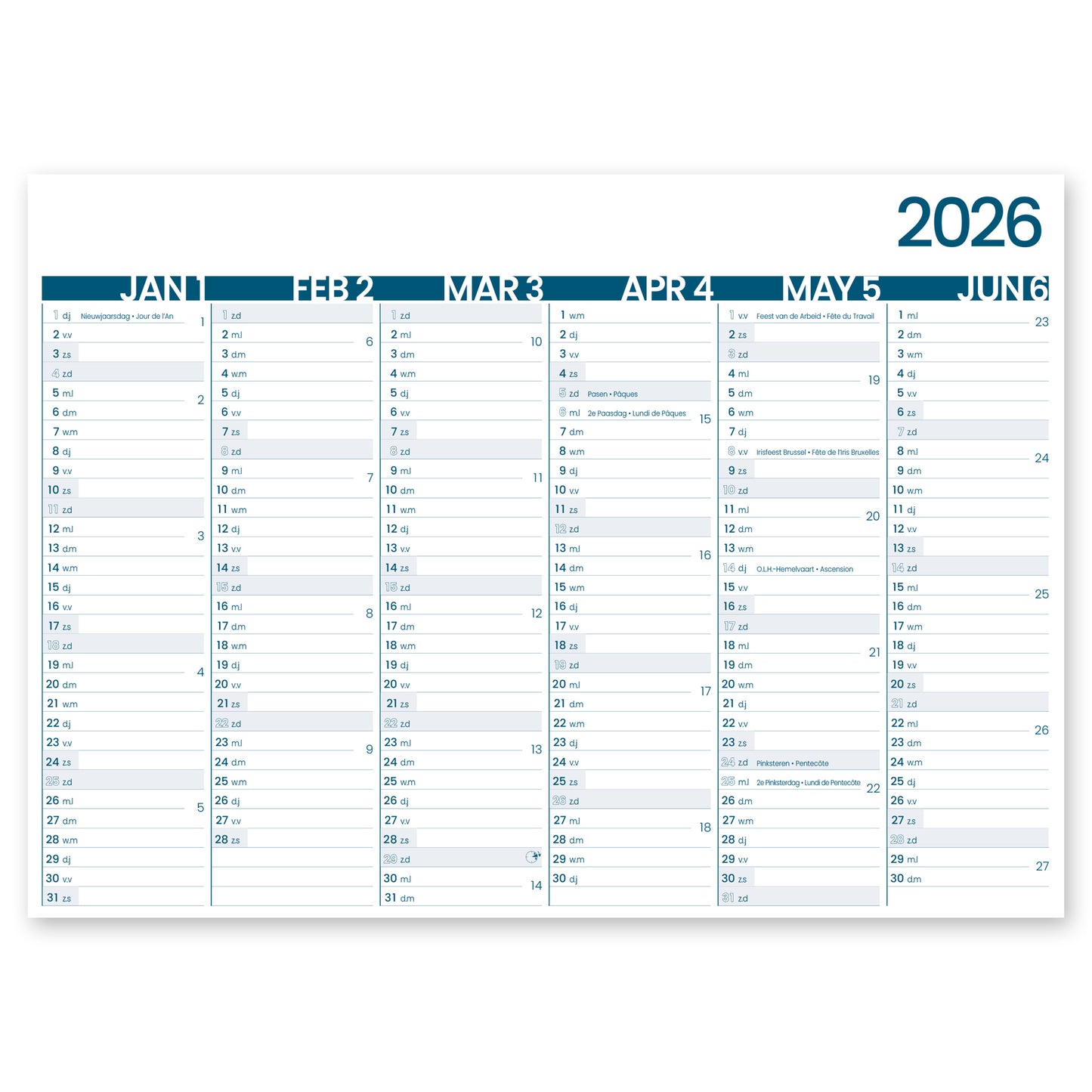 INNI -  6-maandkalender 2026  groot memento 430x320mm | 10 stuks