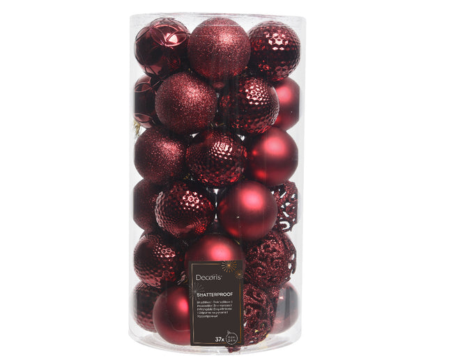 Decoris -  Kerstballen  assorti ossenbloed-rood