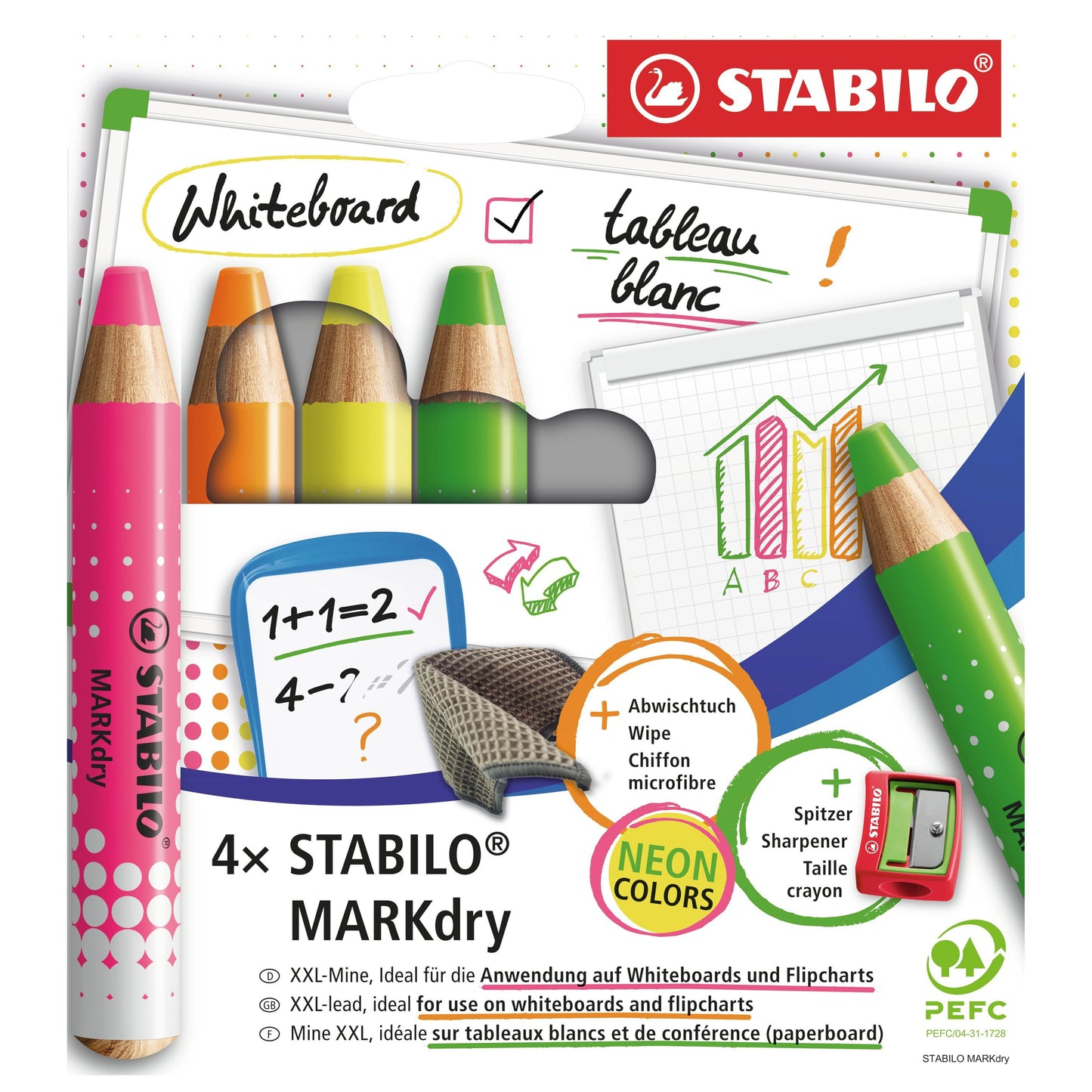 Stabilo -  Whiteboardpotlood markdry 4st neon kleuren | 10 stuks
