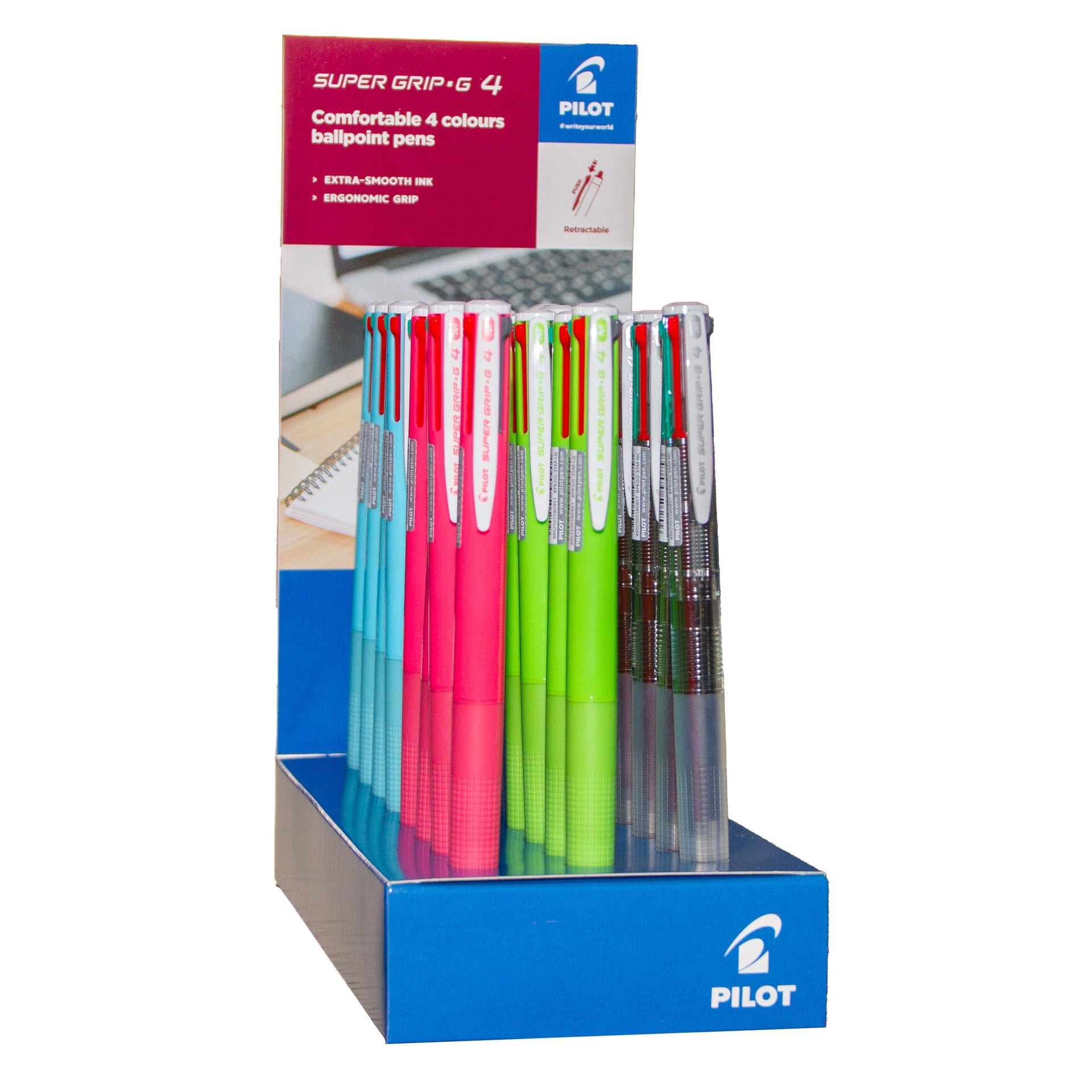 Pilot -  4-kleuren balpen  super grip ass displ à 24x