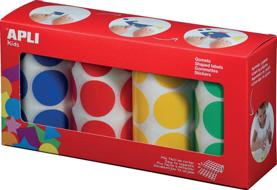 Apli Kids - Pegatinas infantiles círculos XL, diámetro 33 mm, caja con 4 rollos en 4 colores