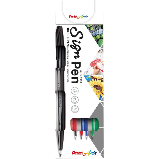 Pentel -  Sign Pen S520, blister van 4 stuks in geassorteerde kleuren
