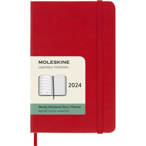 Agenda 2024 Moleskine 12m Planer Weekly 7day/1 Seitenpockt 90x140mm Hartes Deckel Scharlachrot rot