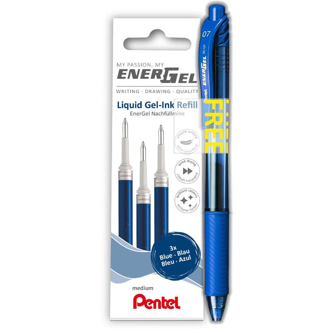 Pentel - Recambio de escritura en gel LR7 Energel con bolígrafo de gel gratis medio azul blister de 3 piezas
