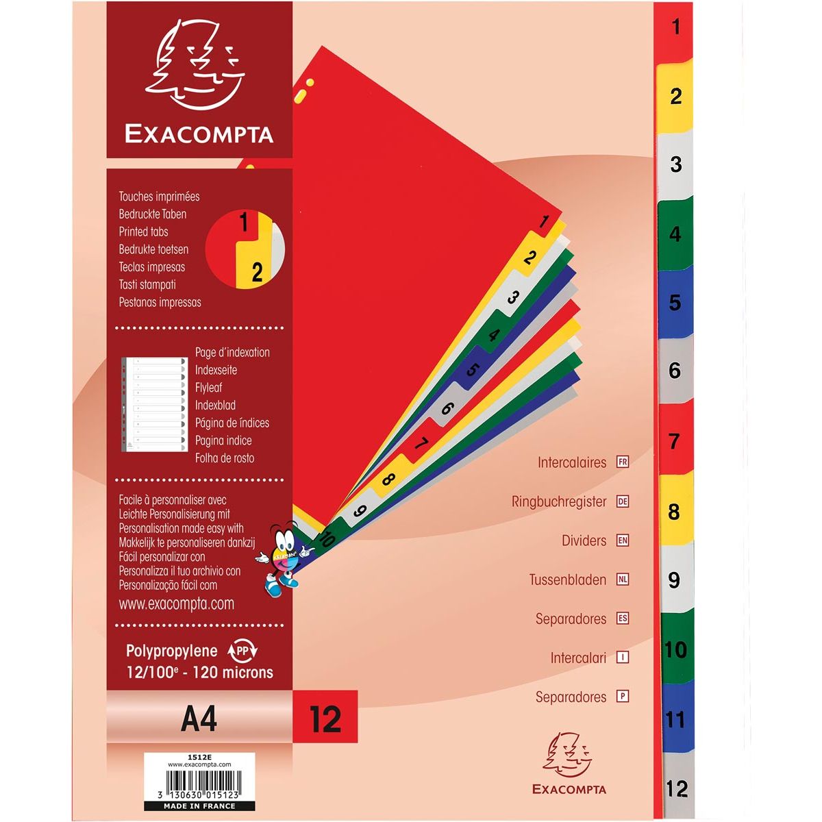 Exacompta - tabbladen numeriek voor ft A4, uit PP 12/100e, 12 kleurtabs, met indexblad, wit