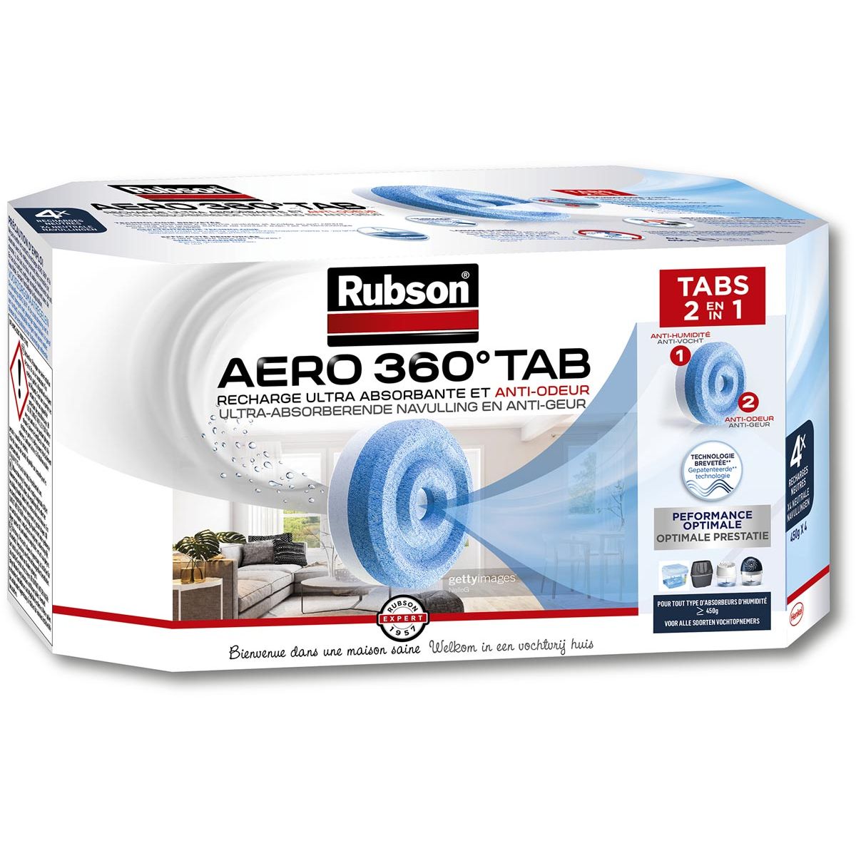 Rubson - recharge pour déshumidificateur AERO 360, boîte de 4 pastilles de 450 grammes, neutre