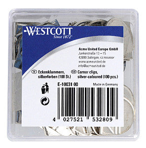 Westcott - Clips d'angle Boîte de couleur en aluminium en aluminium de 100 pièces