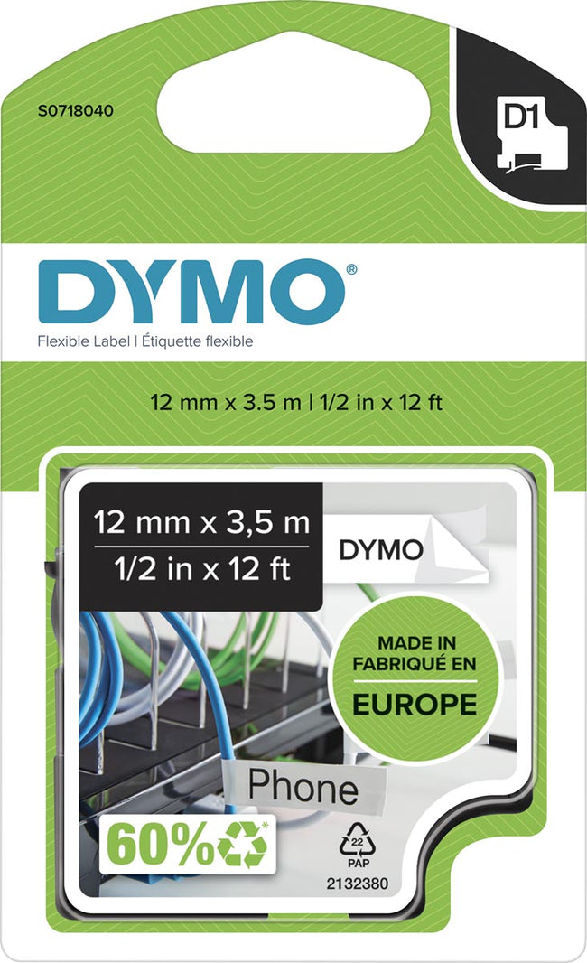 Dymo - Labele LabelManager D1 nylon 12mm nero su bianco
