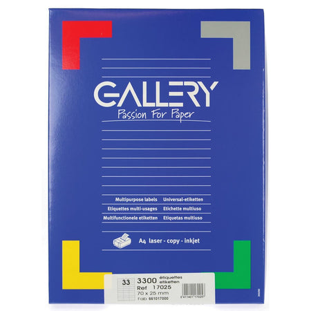Galería - etiquetas blancas pies 70 x 25 mm (ancho x alto), ángulos rectos, caja de 3300 etiquetas