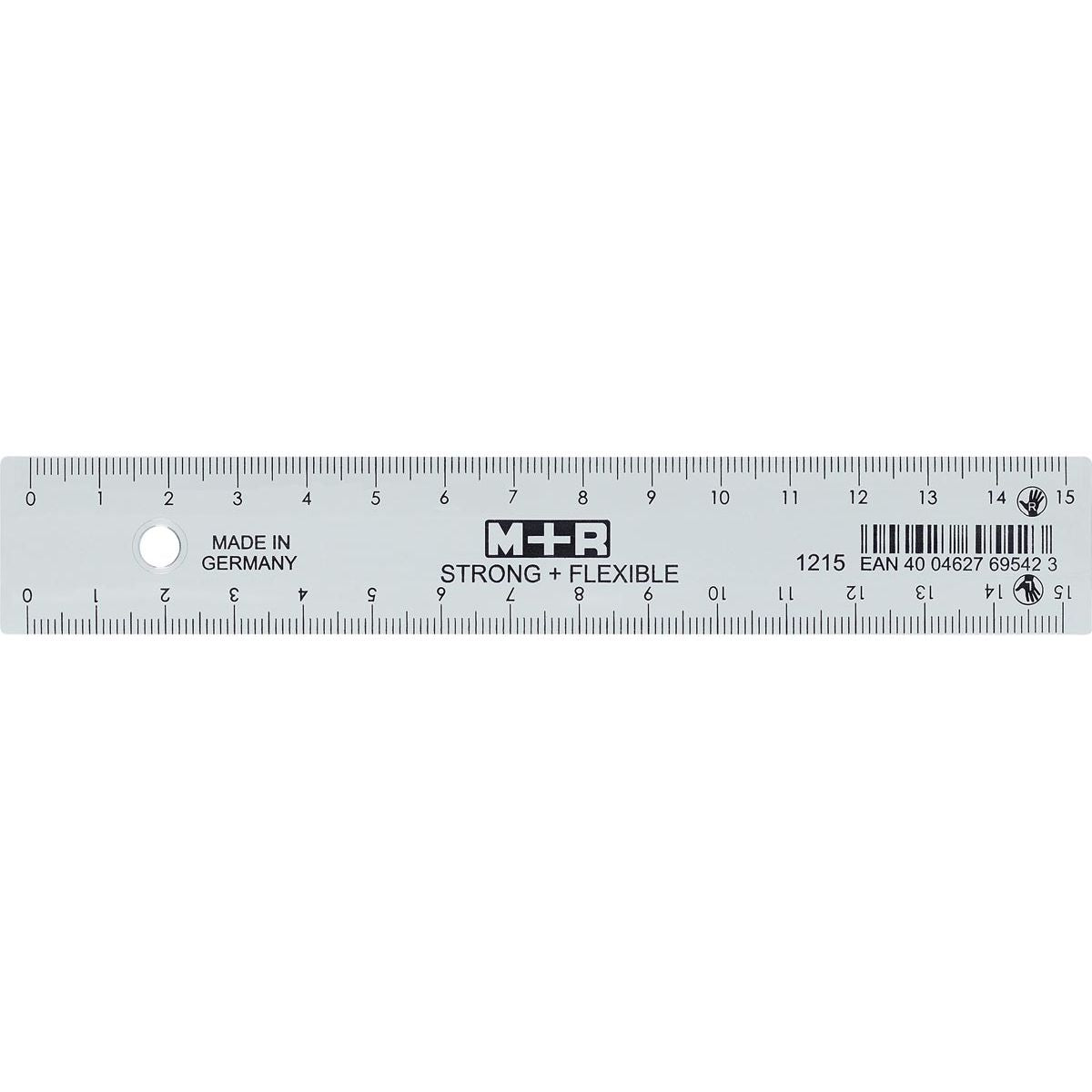 M+R - Strong Flexible slat, with scale for right and left-handed people, 15 cm, transparent