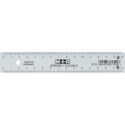 M+R - Strong Flexible slat, with scale for right and left-handed people, 15 cm, transparent