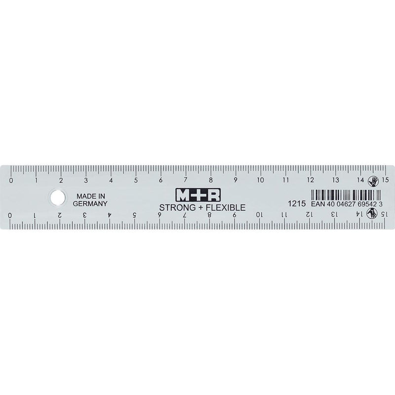 M+R - Strong Flexible slat, with scale for right and left-handed people, 15 cm, transparent