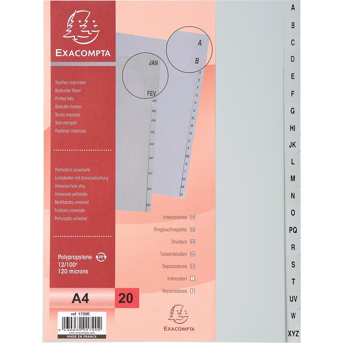 Exacompta - inserti per ft A4, da PP, dalla A alla Z, 20 inserti, grigio