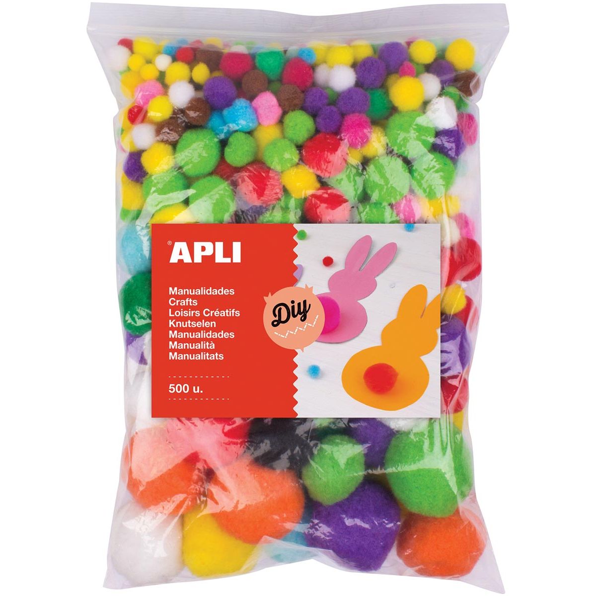 Apli - pompons, sac avec 500 pièces en couleurs assorties