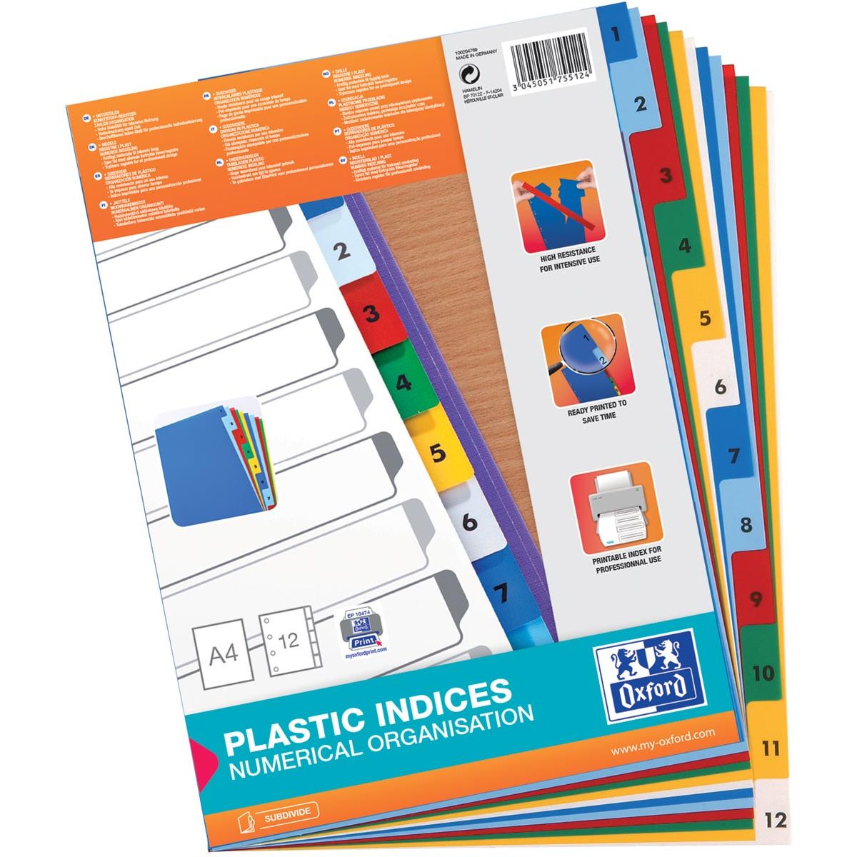 Oxford - linguette, formato A4, in PP colorato, perforazione a 11 fori, set 1-12