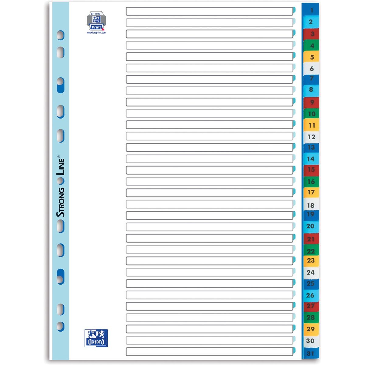 Oxford - linguette, formato A4, in PP, perforazione a 11 fori, linguette colorate, set 1-31