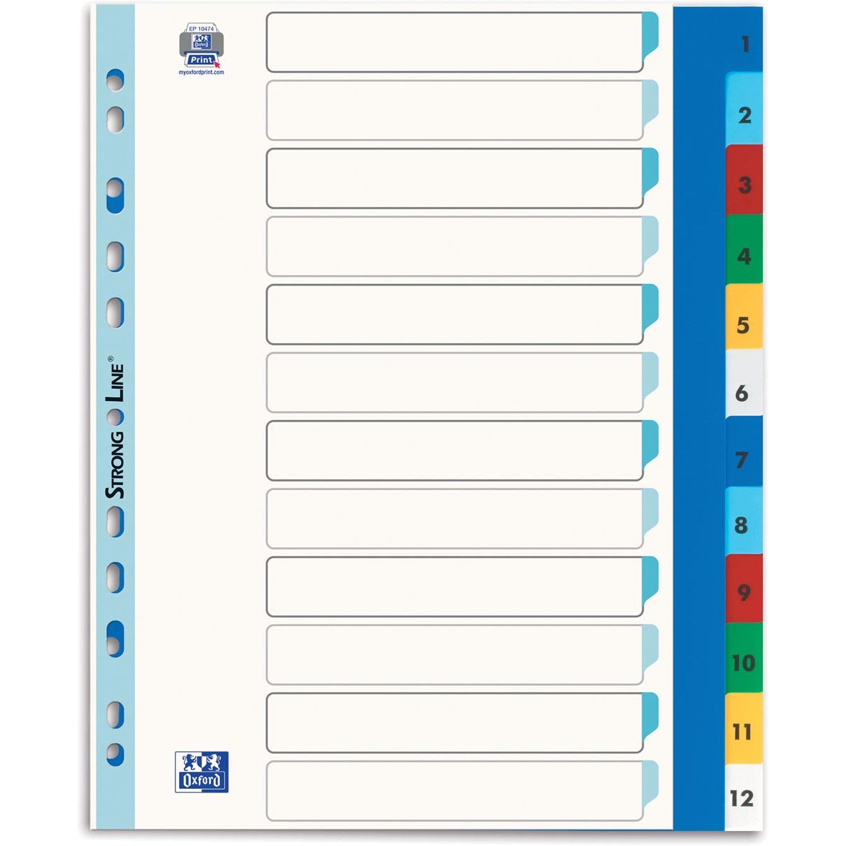 Oxford - onglets, format A4 maxi (pour sacs de présentation), en PP coloré, perforation 11 trous, set 1-12