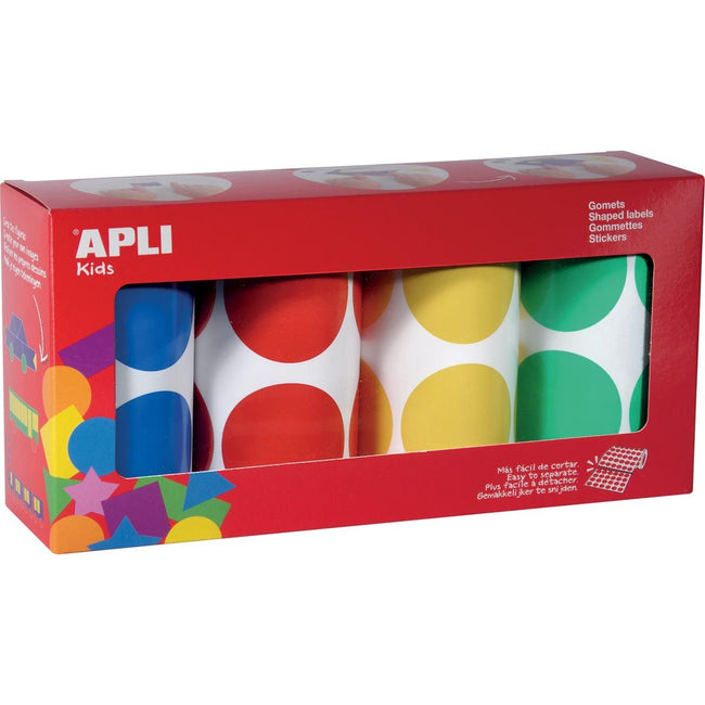 Apli Kids - Adesivi per bambini Cerchi XL, diametro 45 mm, scatola con 4 rotoli in 4 colori