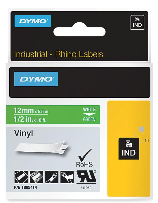 Dymo - Rhino vinyle 12 mm, blanc sur vert