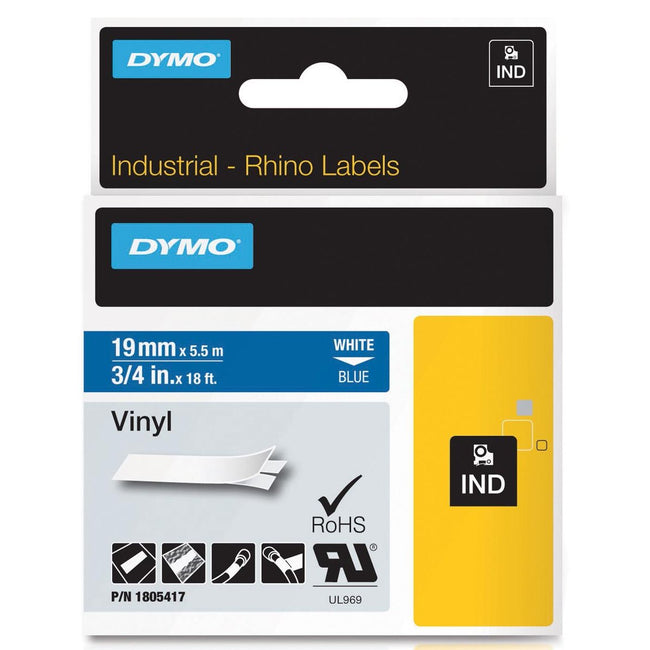 Dymo -  RHINO vinyle 19 mm, wit op blauw