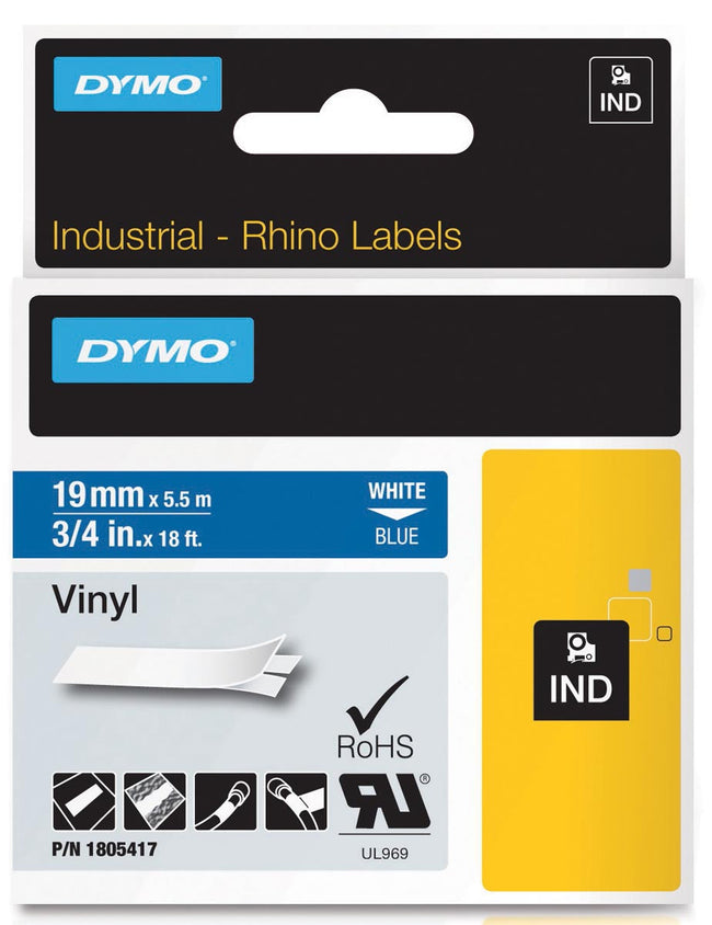 Dymo - RHINO vinyle 19 mm, wit op blauw