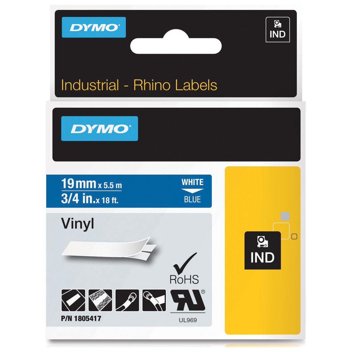 Dymo - RHINO vinyle 19 mm, wit op blauw