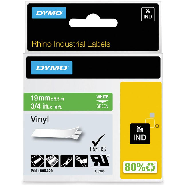 Dymo - RHINO vinyle 19 mm, wit op groen