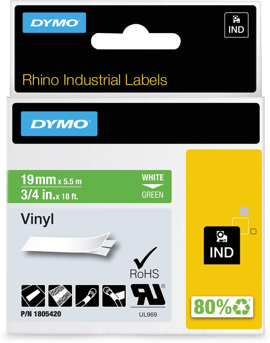 Dymo - Rhino vinyle 19 mm, blanc par vert