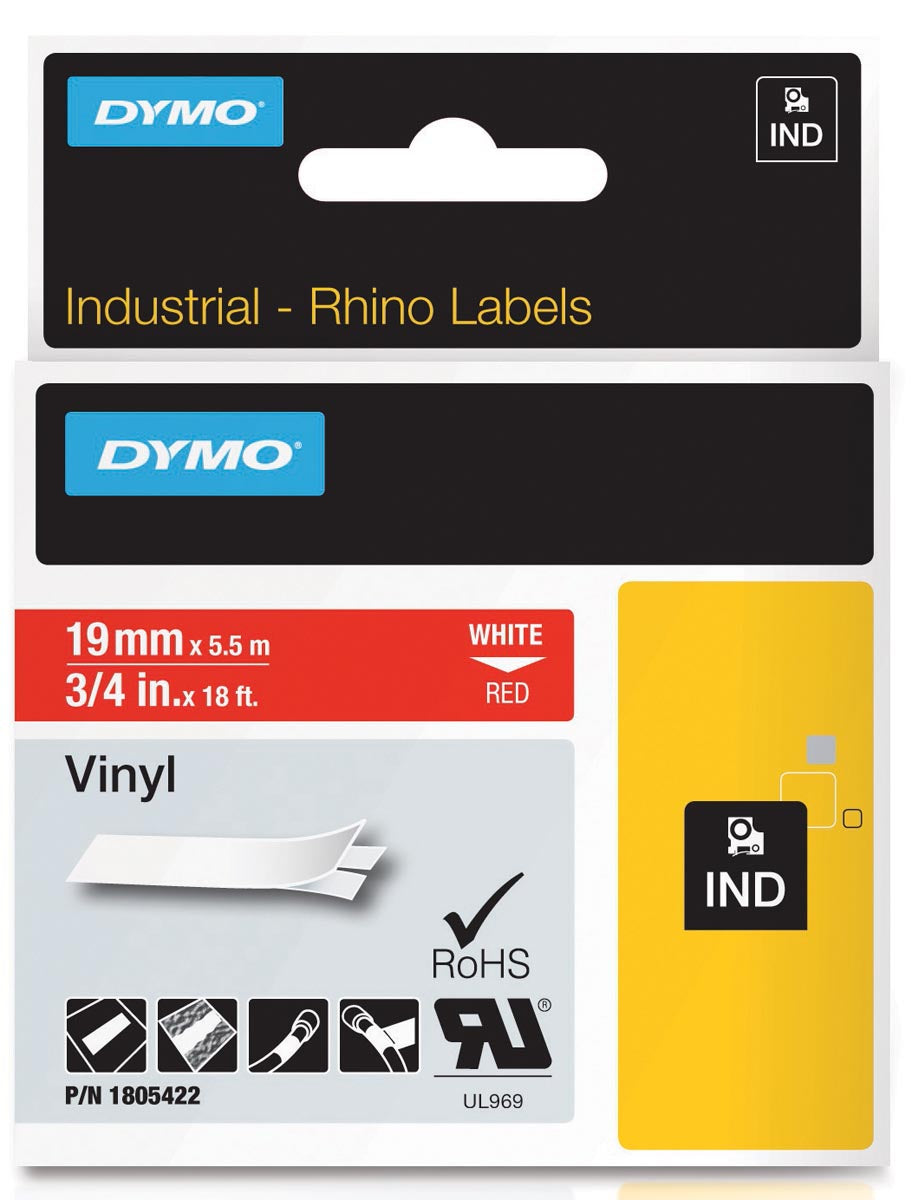 Dymo - RHINO vinyle 19 mm, wit op rood