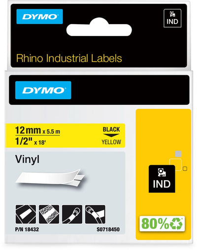 Dymo -  RHINO vinyle 12 mm, zwart op geel