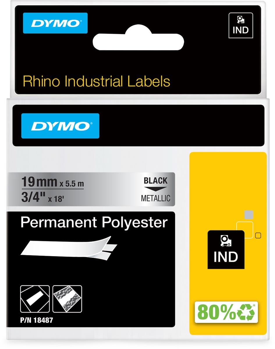 Dymo - RHINO e permanent polyester 19 mm, zwart op metaal