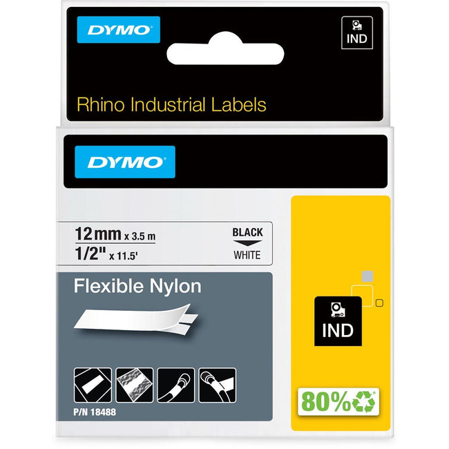 Dymo -  RHINO flexibele nylone 12 mm, zwart op wit