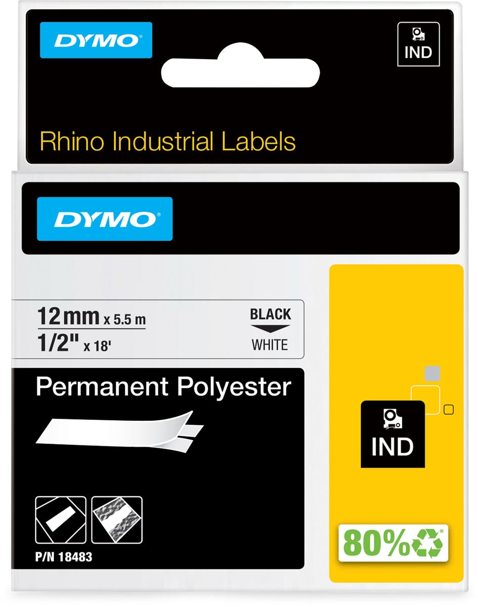 Dymo - Labele Rhino poliéster industrial 12mm negro sobre blanco