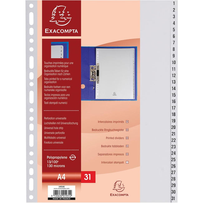 Exacompta -  tabbladen numeriek voor ft A4, uit PP, 31 tabs, grijs