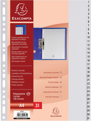 Exacompta - numeric tabs for ft A4, made of PP, 31 tabs, gray