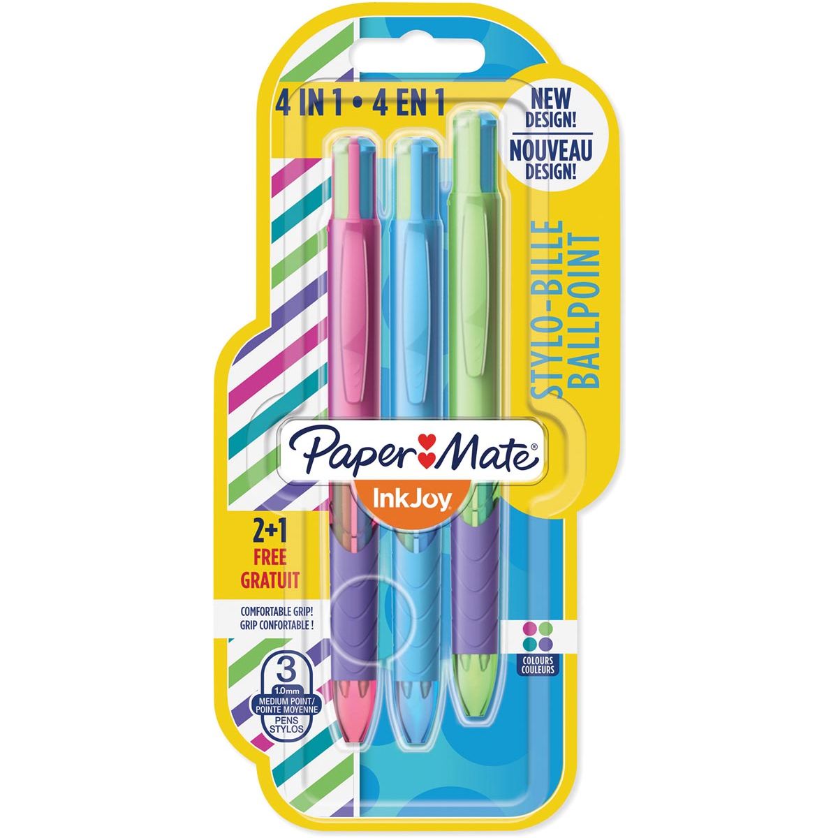 Paper Mate - Inkjoy Quatro Joie de Vivre 4 -Color Balpen, médium, couleurs d'encre classique, blister 2 + 1 Grat