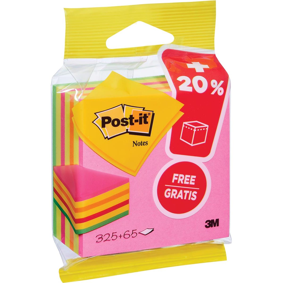 Notas Post-it - Cubo de notas pies 76 mm x 76 mm, Neón, bloque de 325 + 65 hojas gratis, en blister