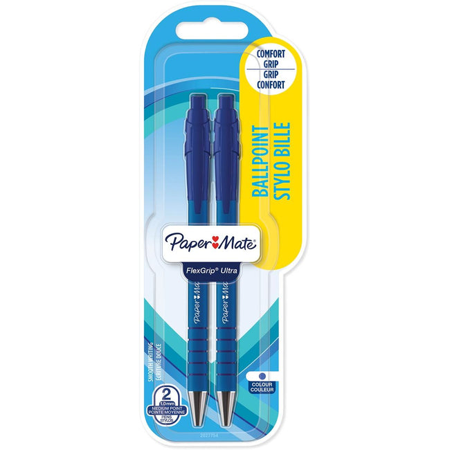 Paper Mate - stylo à bille Flexgrip Ultra RT medium, bleu, blister de 2 pièces
