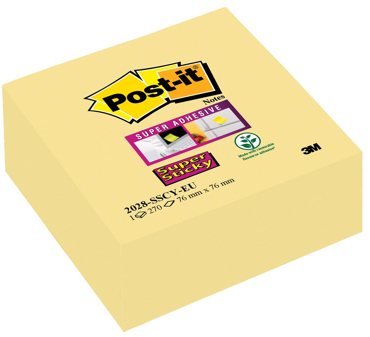 Post -it - Notes super collantes Kubus, 270 feuilles, ft 76 x 76 mm, jaune