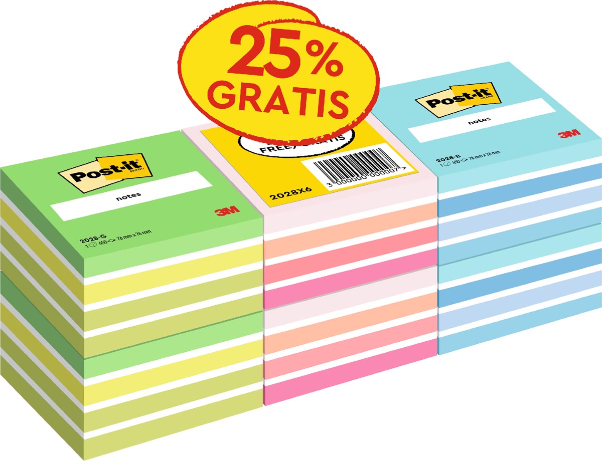 Post-it notes - Notes kubus, 450 vel, ft 76 x 76 mm, promopak van 6 kubussen in geassorteerde kleuren