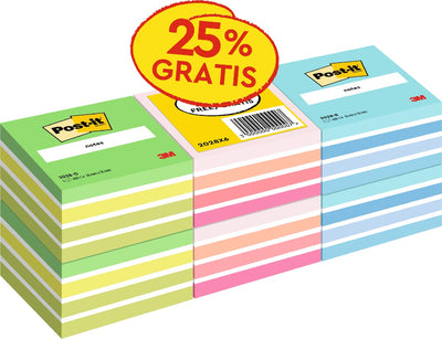 Post-it -  Notes kubus, 450 vel, ft 76 x 76 mm, promopak van 6 kubussen in geassorteerde kleuren