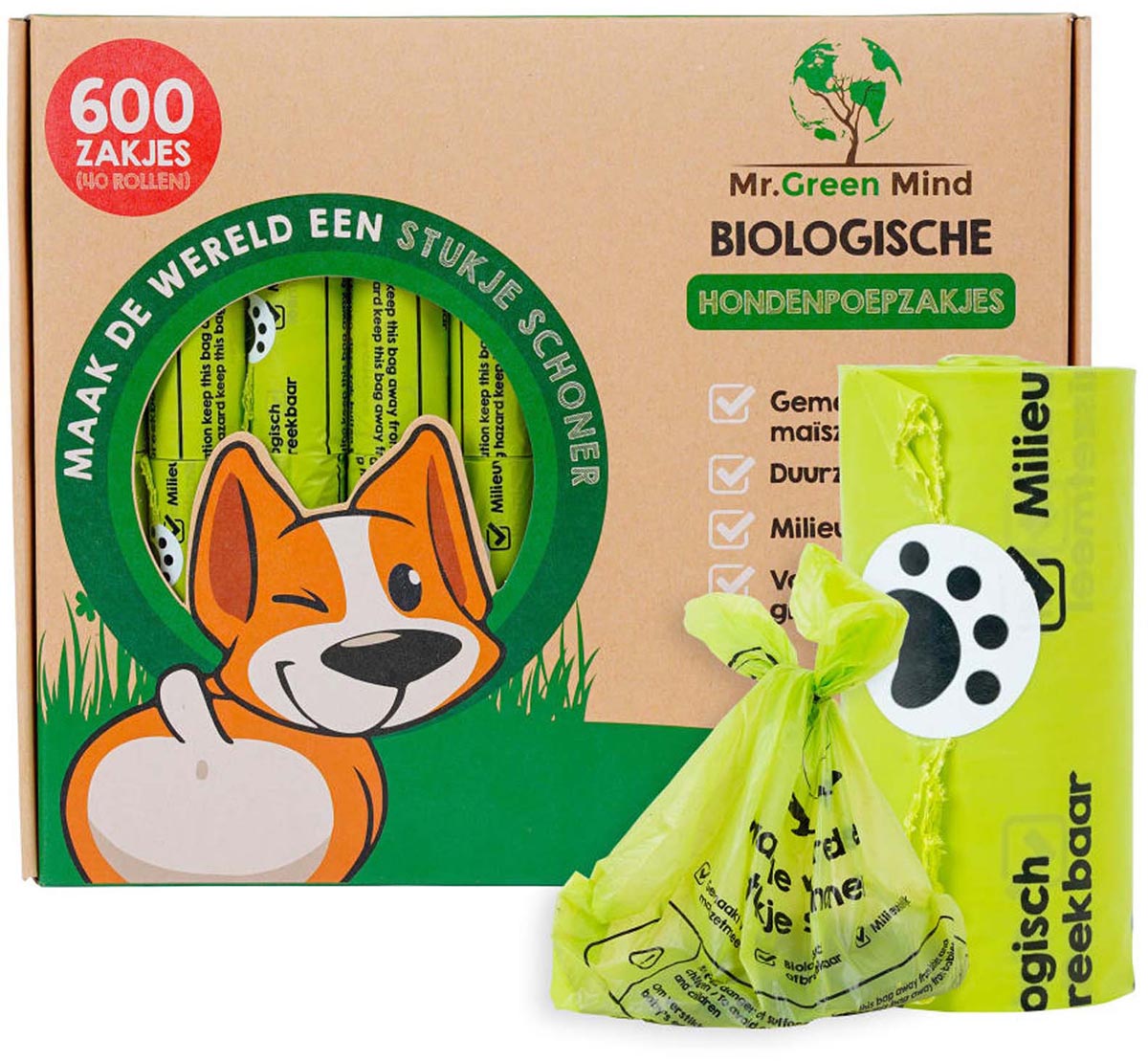 Mr. Green Mind - Bolsas para caca de perro Bio, verde, caja de 600 piezas