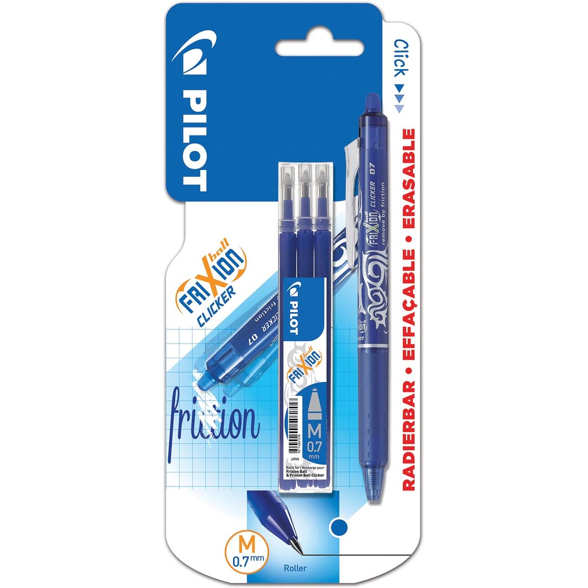 Pilot - rullo gel Frixion Ball Clicker, blister da 4 pezzi (1 rullo gel + 3 ricariche), blu