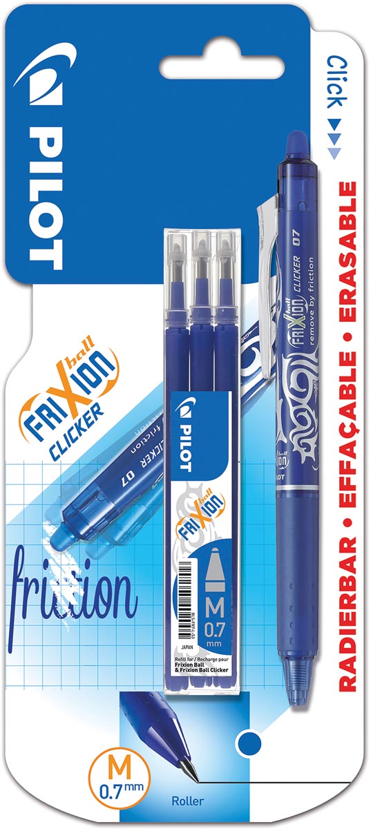 Pilot -  gelroller Frixion Ball Clicker, blister van 4 stuks (1 gelroller + 3 vullingen), blauw