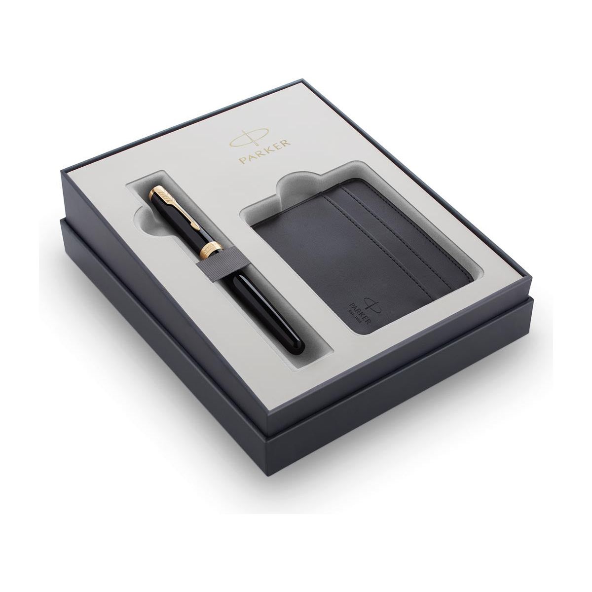 Parker - Set Gift Fountain Pen Sonnet Black Lacquer GT M avec porte-carte